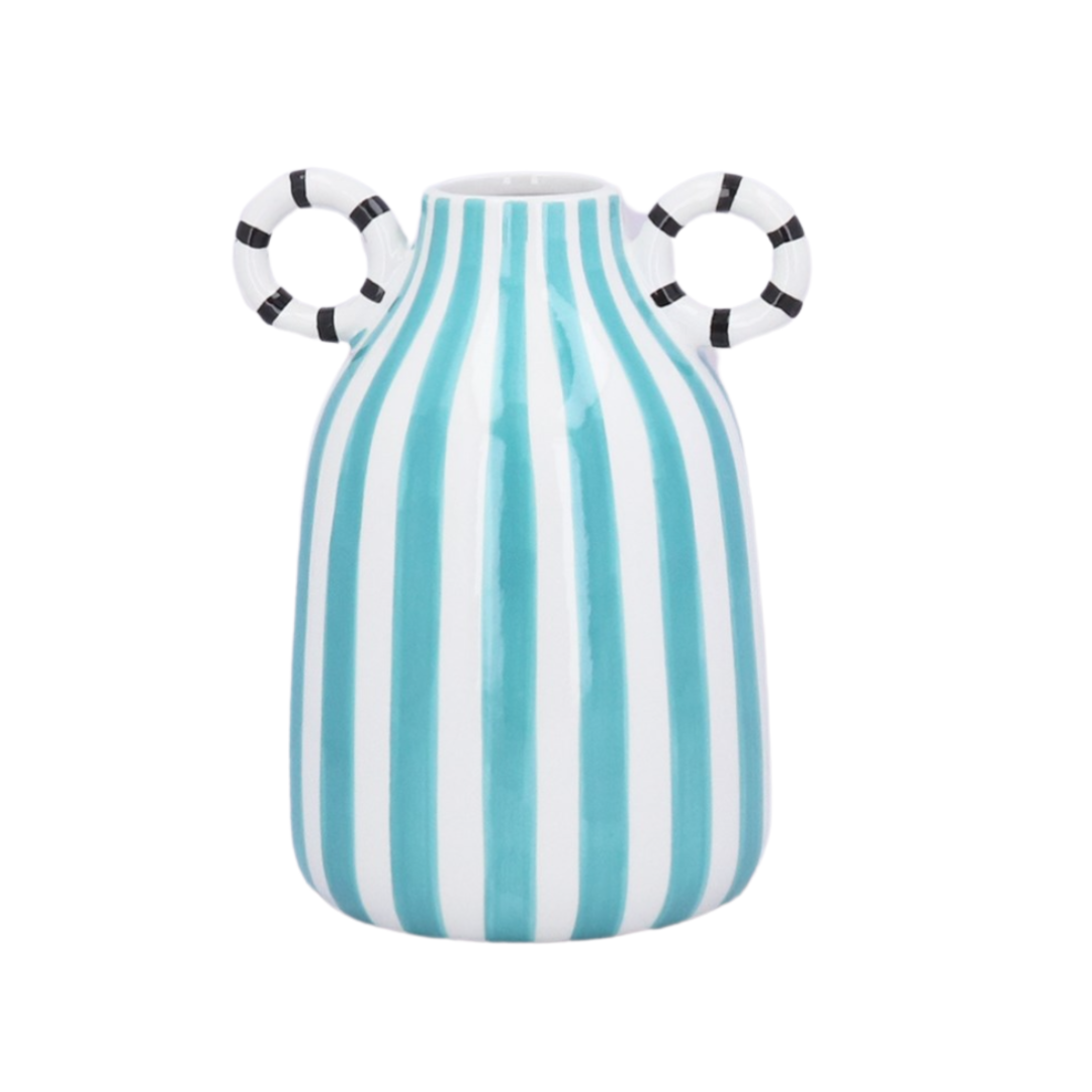 Ceramic vase with blue and white vertical stripes and round black-and-white loop handles – Blue &amp; Light Blue Stripe Modernist Vase