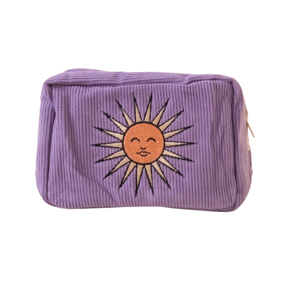 Purple pouch with embroidered sun design on the front, displayed against a white background