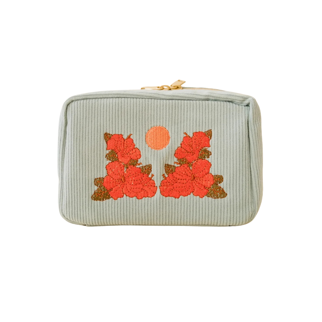 Make UP Bag Corduroy Sky Blue with flower motif and zipper closer