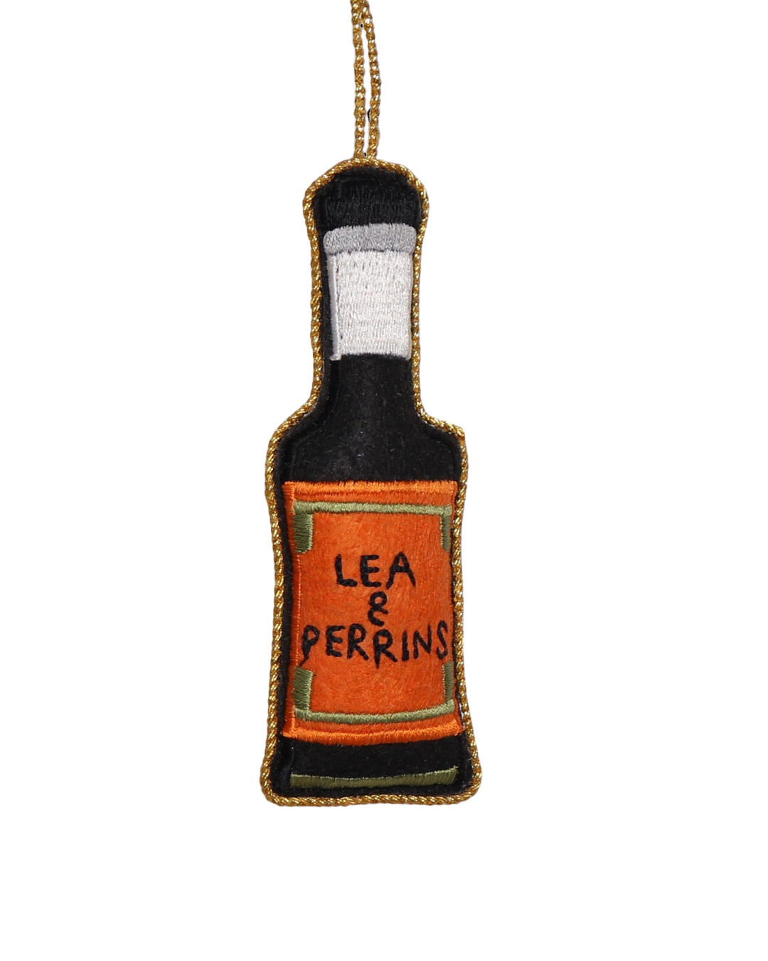 Handmade Lea &amp; Perrins Embroidered Christmas Decoration with colourful thread embroidery, perfect for Christmas trees and festive gifting