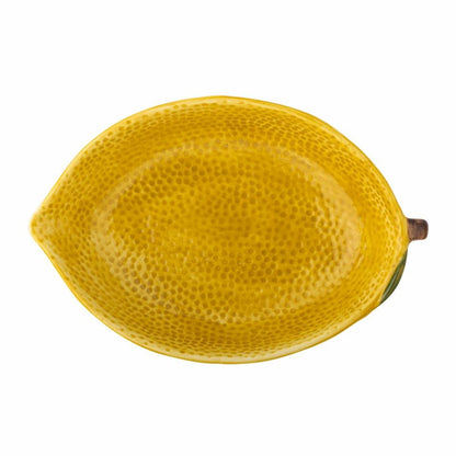 Top view of the Limone Bowl made of yellow stoneware with lemon peel-inspired texture, ideal for serving fruits or snacks, and as a decorative kitchen accent.