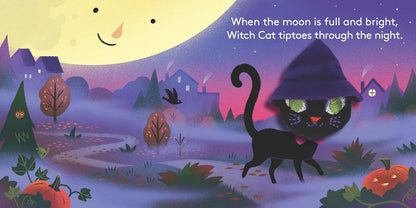 Illustration of a black cat in a witch hat with a full moon and Halloween-themed landscape.