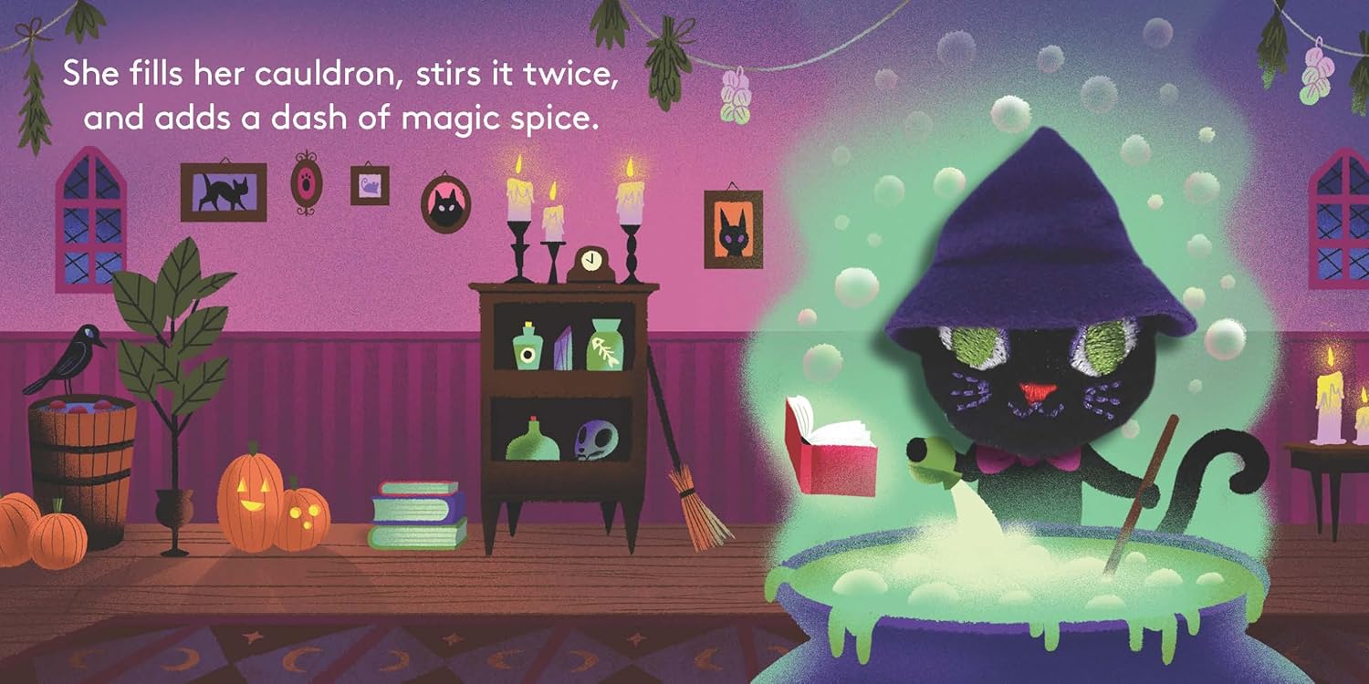 Illustration of a cat in a witch hat stirring a cauldron with text about magic spice.