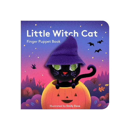 Finger puppet book cover featuring a black cat in a witch hat on a pumpkin with a Halloween-themed background.