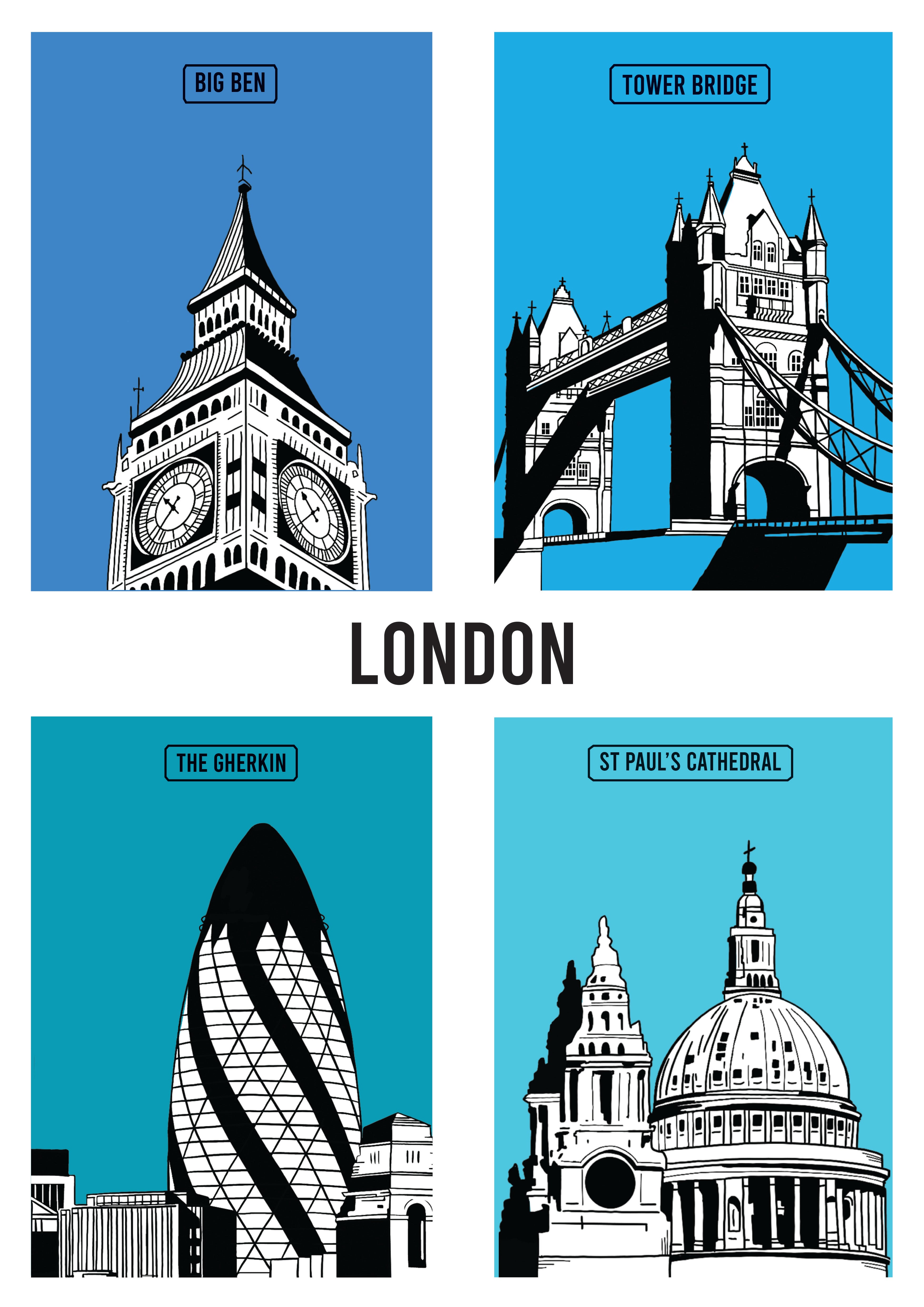 London Giclée print featuring Big Ben, Tower Bridge, The Gherkin, and St Paul’s Cathedral on Hahnemühle German Etching paper, modern wall art for home decor and gifts.