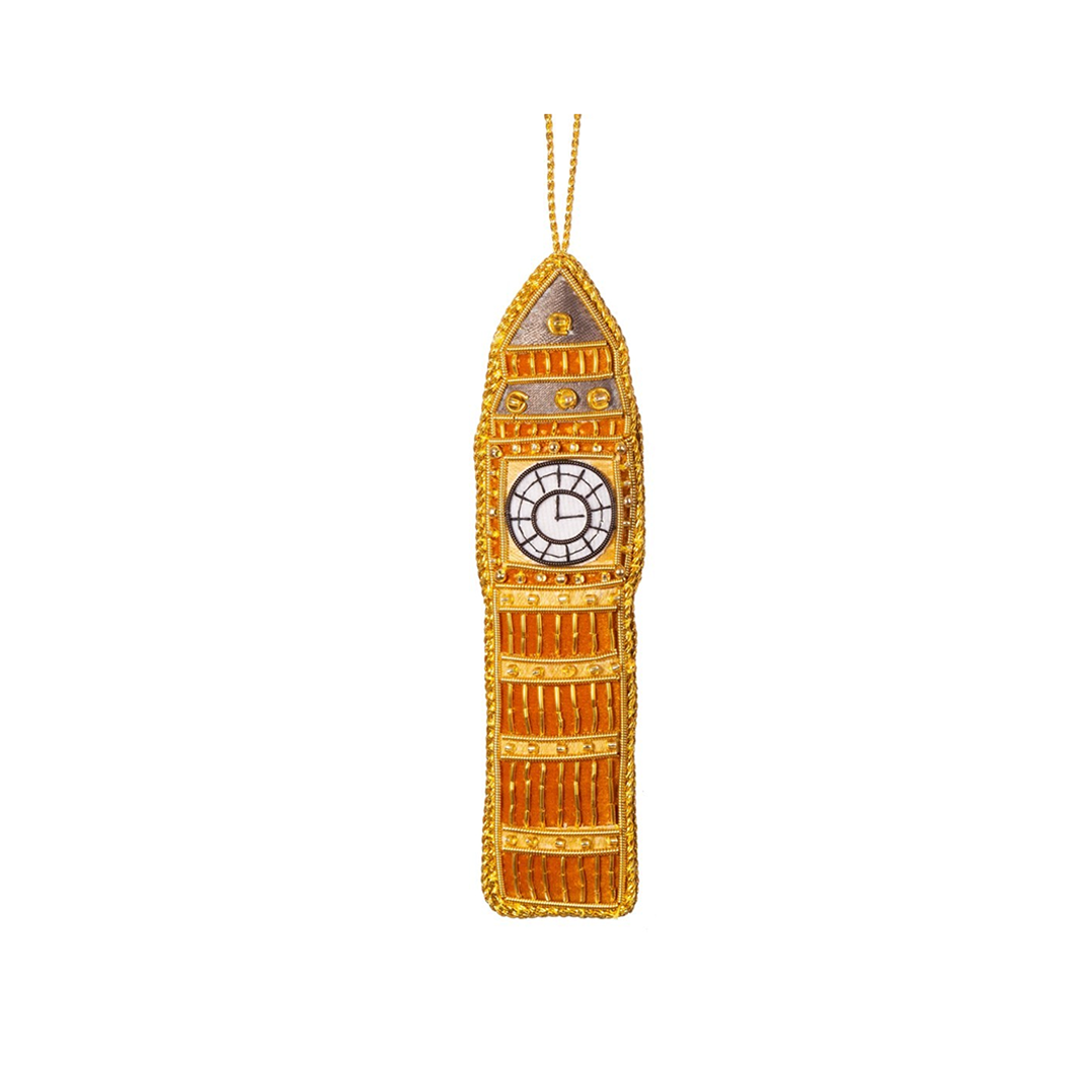 Handcrafted London Big Ben Christmas decoration with gold zari embroidery, festive ornament, perfect gift for London lovers and holiday décor.
