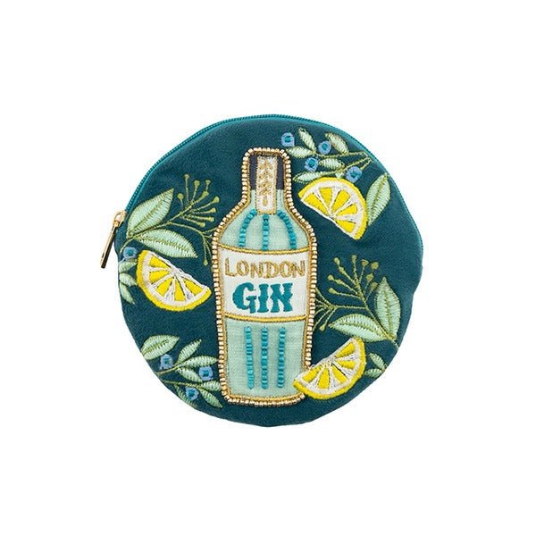 Beaded London gin purse with lemon decorations, compact and practical for coins and travel, ideal gift for London lovers.