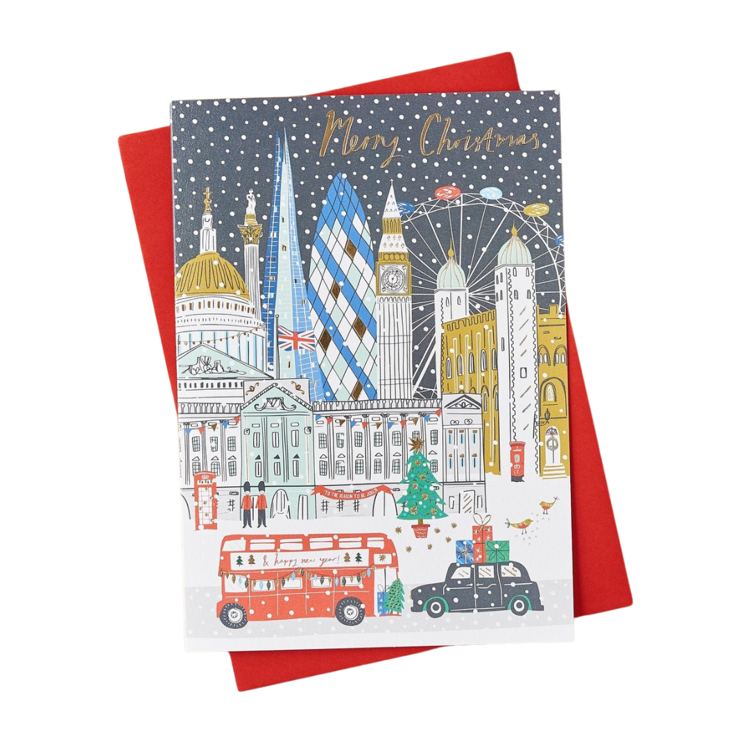 Gold Foiled Christmas Card featuring London landmarks in snow: Big Ben, Gherkin, London Eye; blank inside, luxury thick matte card, red envelope, made in the UK