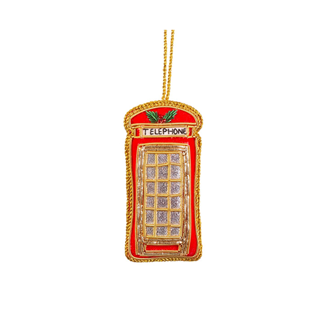 Red London telephone box Christmas decoration with gold zari embroidery, handcrafted ornament, perfect gift for London lovers and holiday décor.