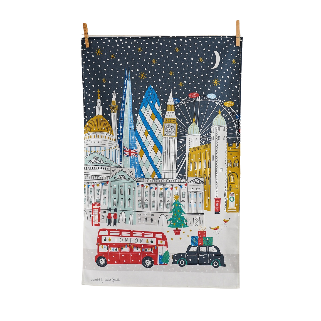 Illustrated London tea towel featuring landmarks like the Gherkin and London Eye, 100% cotton, British-made, gift-ready packaging