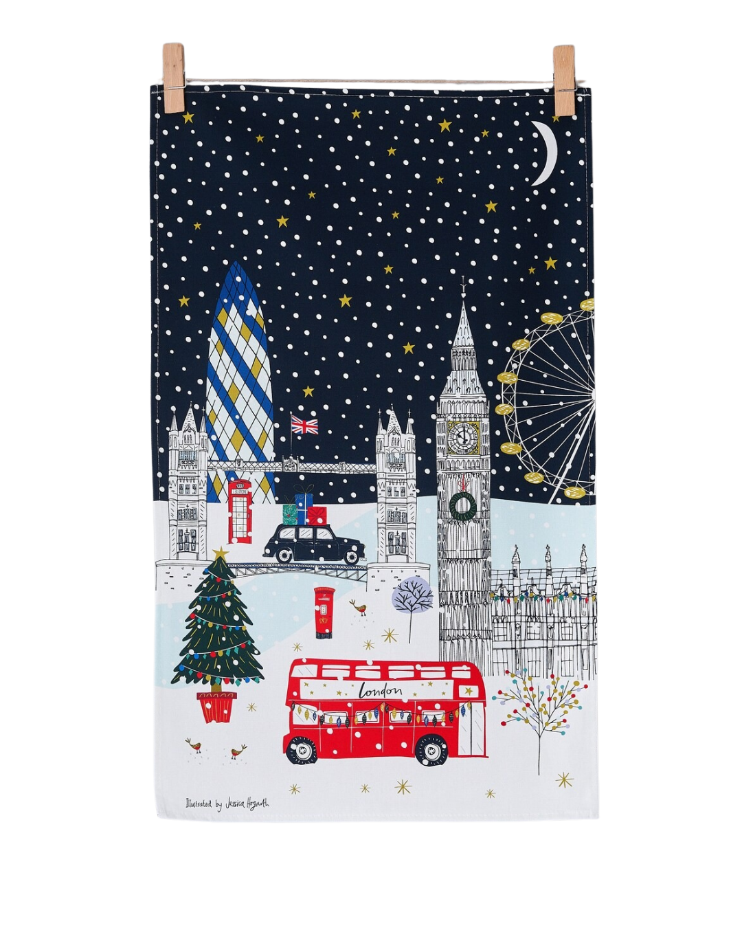 “Illustrated London tea towel with Tower Bridge and London Eye landmarks, 100% cotton, British-made, gift-ready packaging