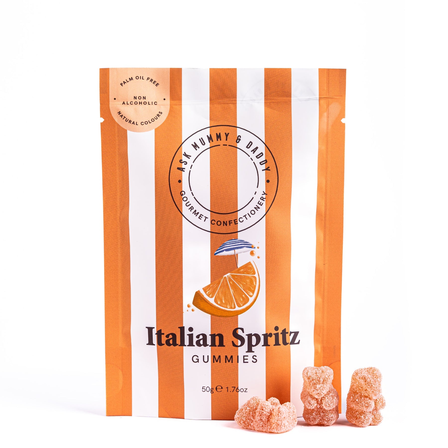 Packaged Italian Spritz Gummies with a striped orange and white label on a white background