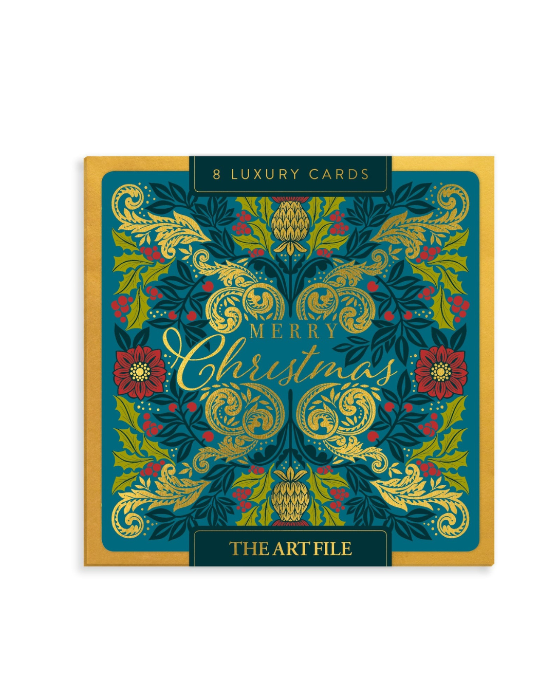 Luxury Highland Christmas cards – pack of 8, featuring traditional Scottish Highland imagery, gold foil, emboss & deboss, 15.8 x 15.8 cm, premium textured card, UK-made, eco-friendly