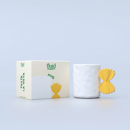 White mug with pasta-shaped handle and matching packaging with a white background