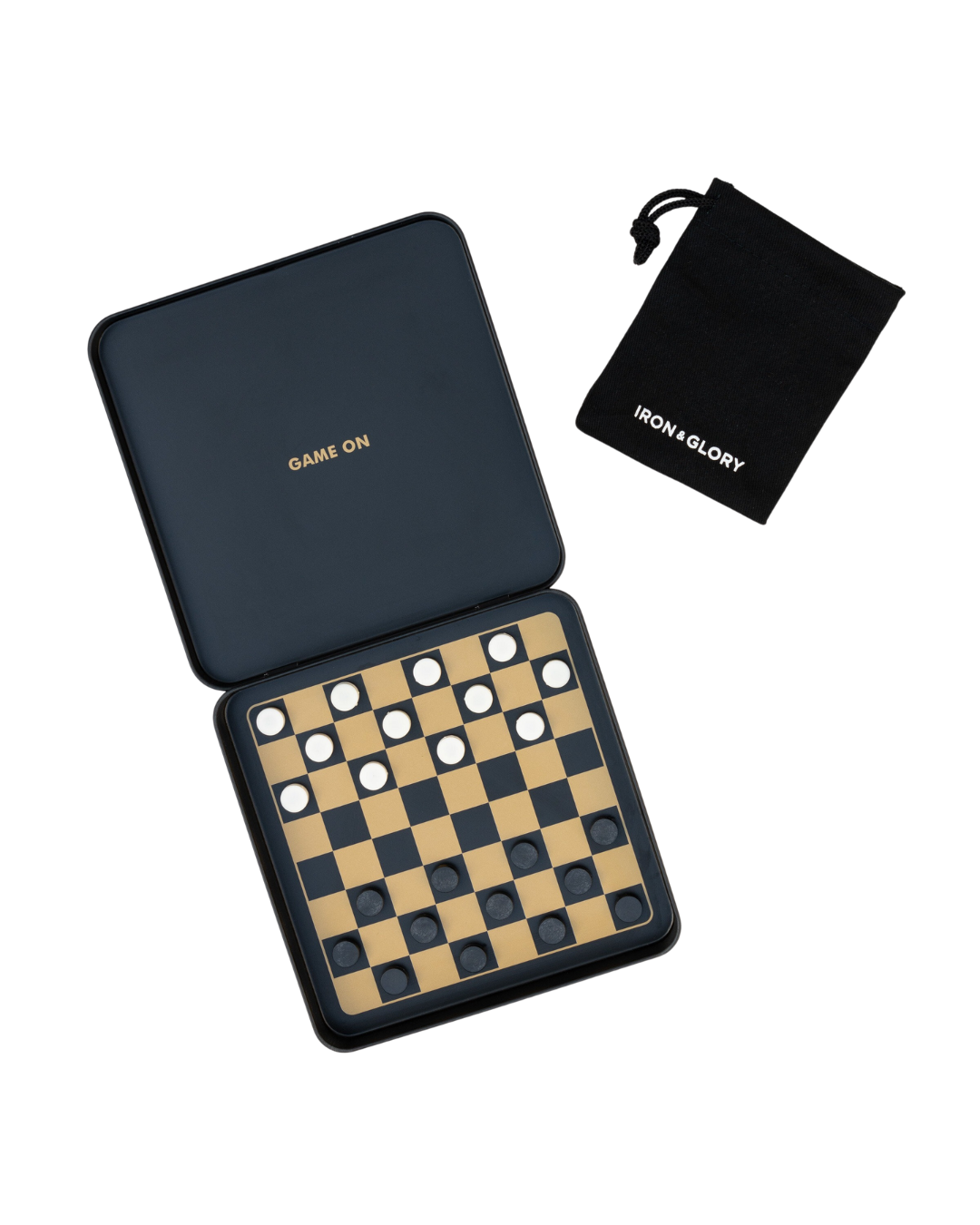 Magnetic Travel Checkers Set with tin board, magnetic pieces, and fabric carry pouch for portable gameplay