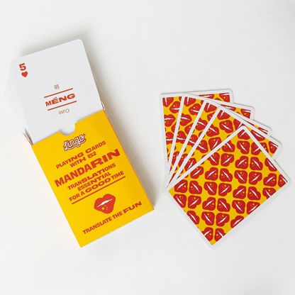 Mandarin Lingo Playing Cards featuring Mandarin words and phrases with English translations, perfect for travel and language learning.