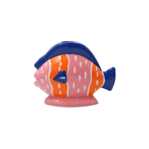 Hand-painted Mariano candle holder in pink, orange, and blue with organic fish shape