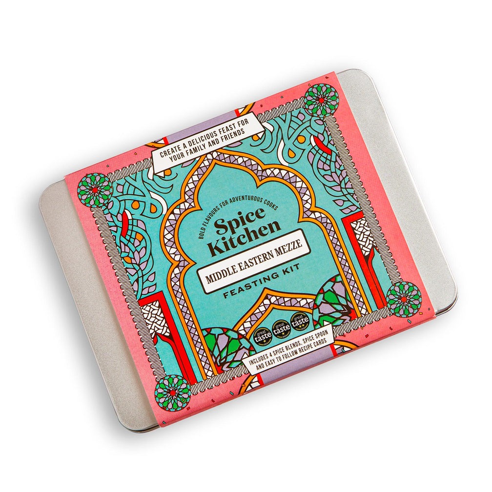 Middle Eastern Mezze Feasting Kit with four spice blends, recipe cards, and spice spoon