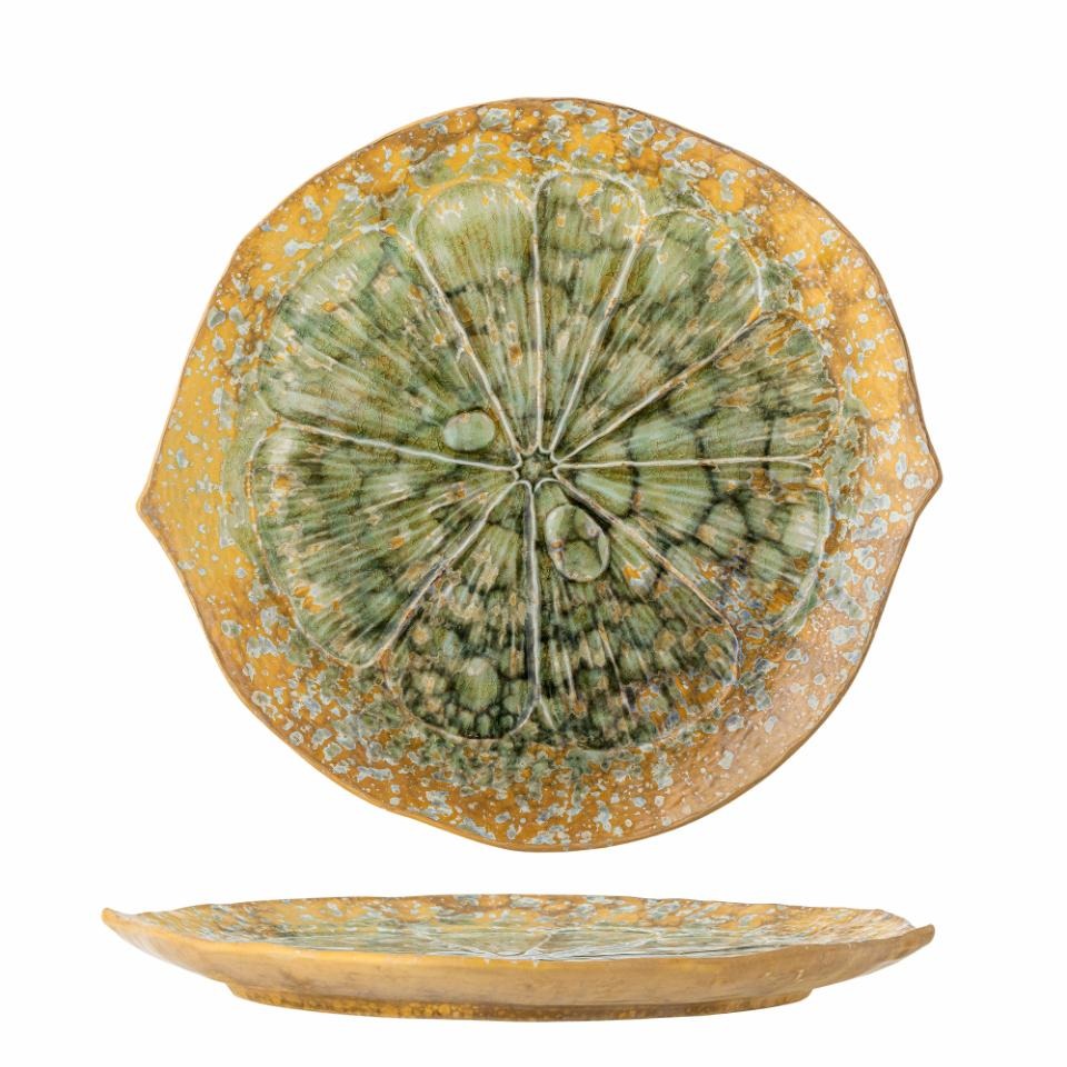 Front and Side View of the  Milani Serving Dish by Bloomingville, round stoneware tray with reactive green glaze, D30.5 x H3 cm, ideal for serving salads, pies, or sharing platters.