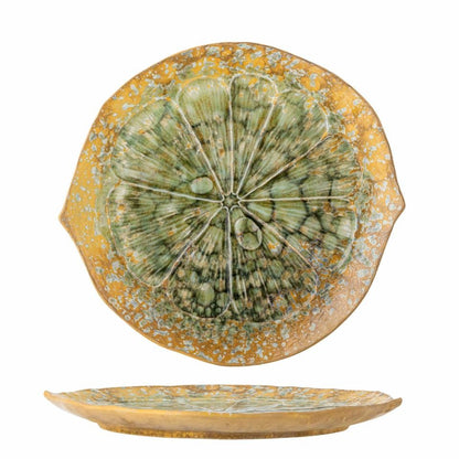 Front and Side View of the  Milani Serving Dish by Bloomingville, round stoneware tray with reactive green glaze, D30.5 x H3 cm, ideal for serving salads, pies, or sharing platters.