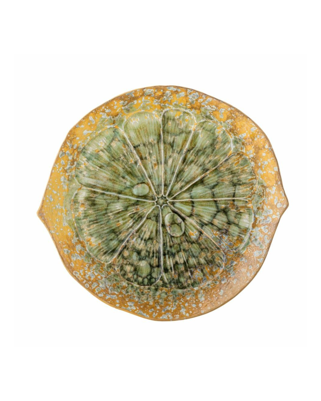 Milani Serving Dish by Bloomingville, round stoneware tray with reactive green glaze, D30.5 x H3 cm, ideal for serving salads, pies, or sharing platters.