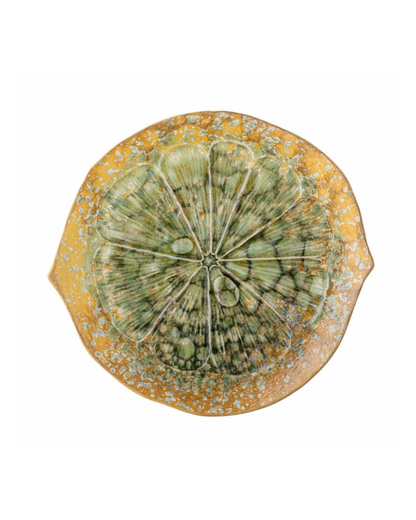 Milani Serving Dish by Bloomingville, round stoneware tray with reactive green glaze, D30.5 x H3 cm, ideal for serving salads, pies, or sharing platters.