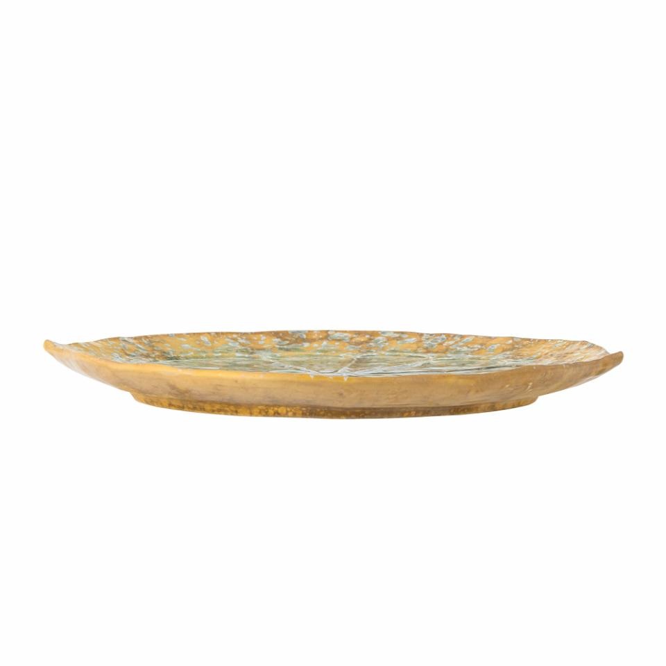 Decorative Milani Serving Dish by Bloomingville, round stoneware tray with reactive green glaze, D30.5 x H3 cm, ideal for serving salads, pies, or sharing platters on a white background