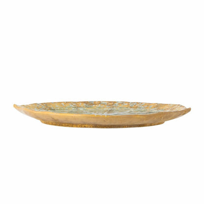 Decorative Milani Serving Dish by Bloomingville, round stoneware tray with reactive green glaze, D30.5 x H3 cm, ideal for serving salads, pies, or sharing platters on a white background