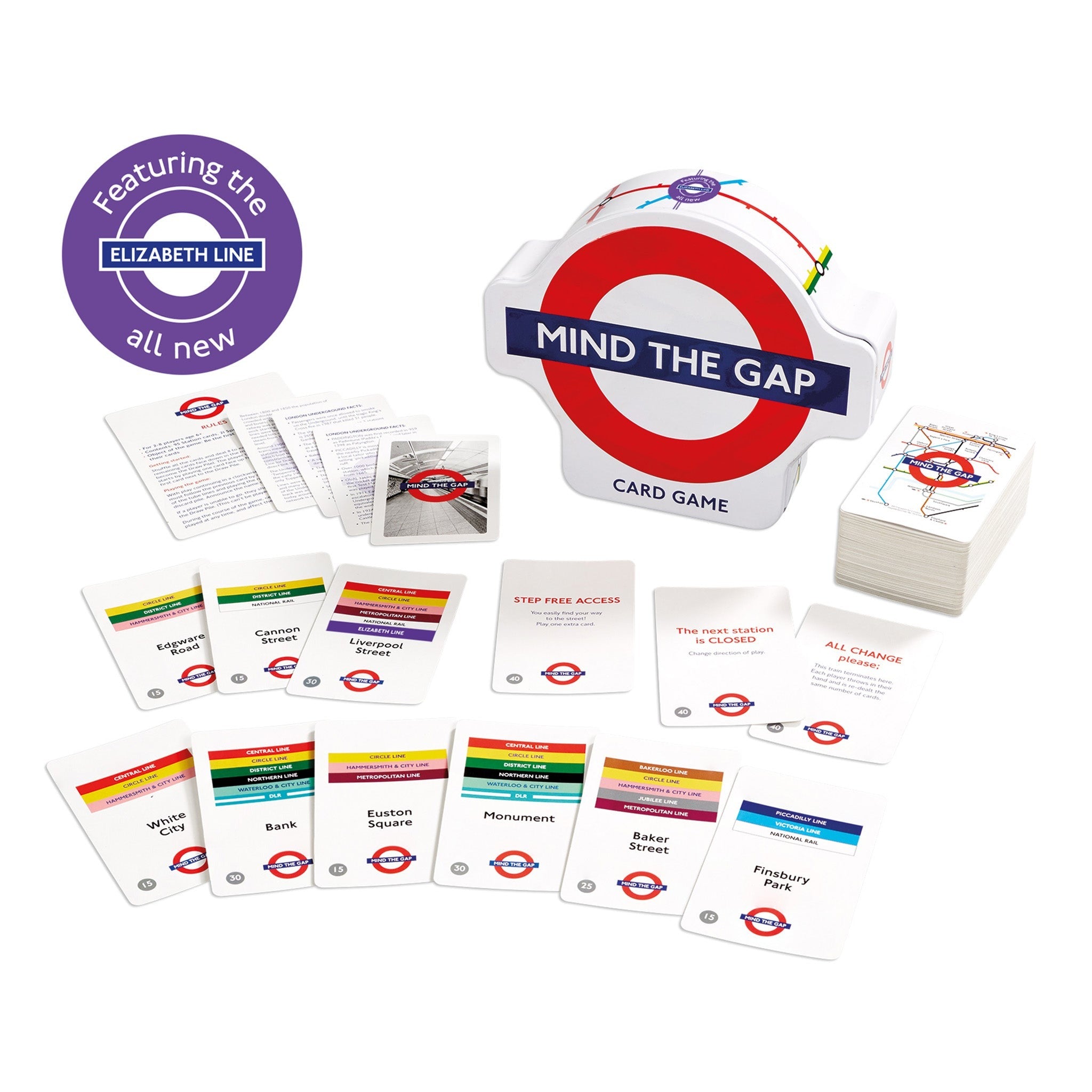 Card game set with London Underground theme and cards displayed on a white background