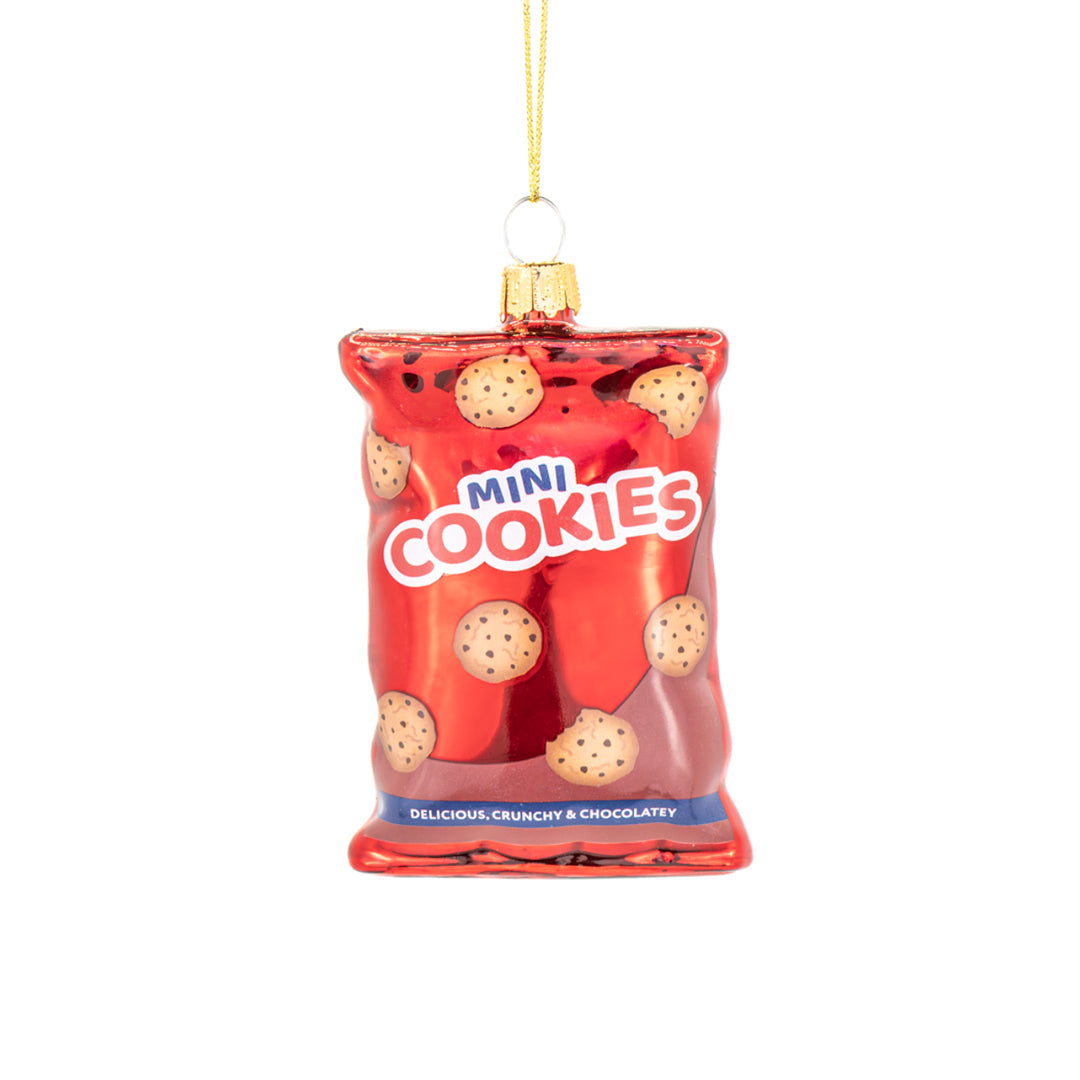 Mini Cookies Packet Glass Christmas Bauble – 100% glass cookie ornament for Christmas tree, festive sweet treat decoration, 6.5 x 3 x 9.5 cm.