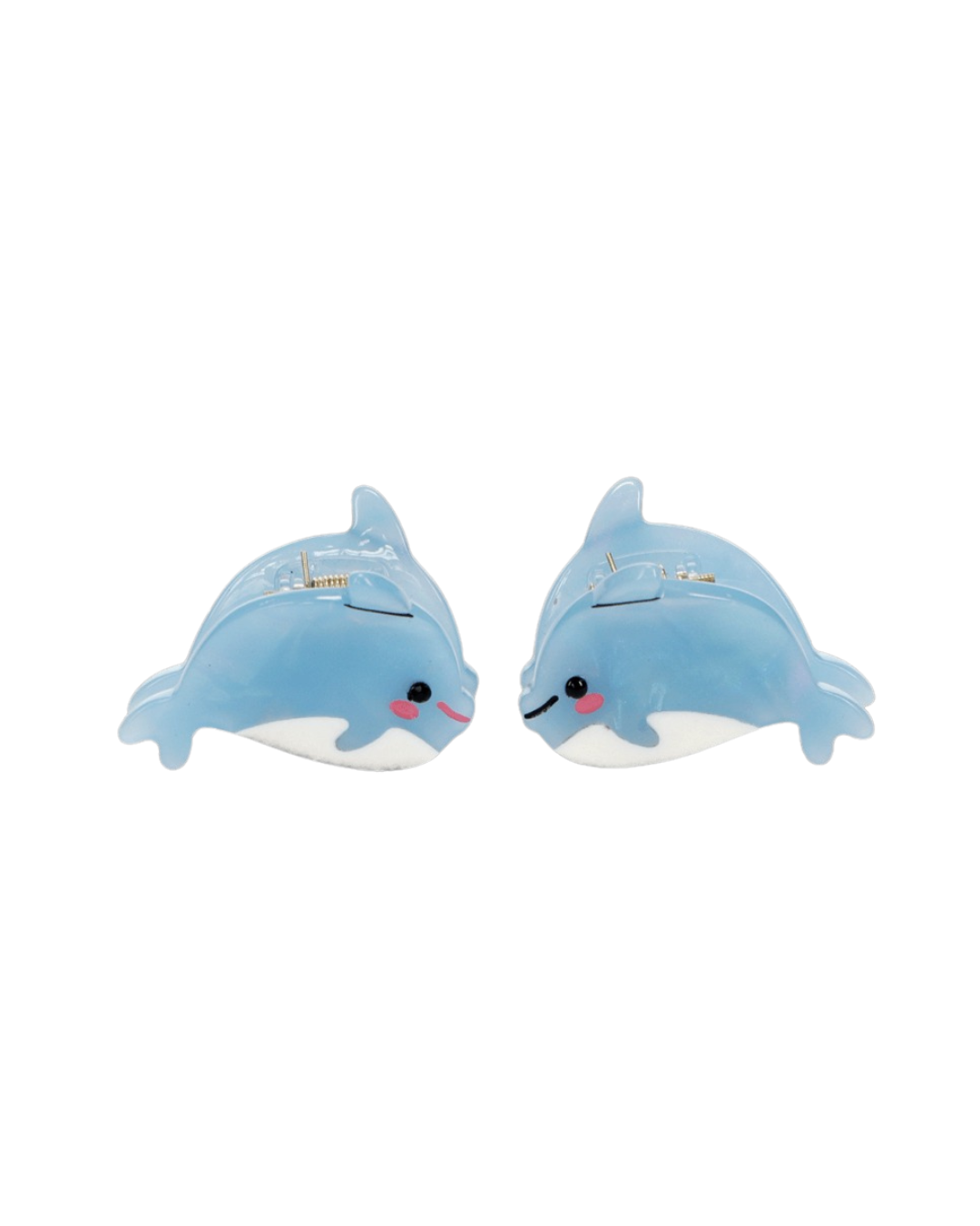 Mini dolphin-shaped hair clips with iridescent finish made from recycled materials.