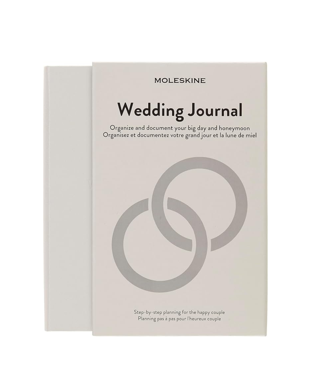 Moleskine Wedding Journal with hardcover, elastic closure, two ribbon bookmarks, expandable inner pocket, 400 pages of ivory acid-free paper, and themed stickers for customization