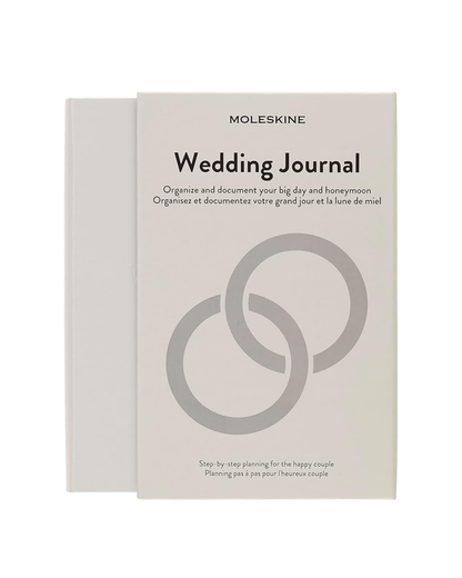 Moleskine Wedding Journal with hardcover, elastic closure, two ribbon bookmarks, expandable inner pocket, 400 pages of ivory acid-free paper, and themed stickers for customization