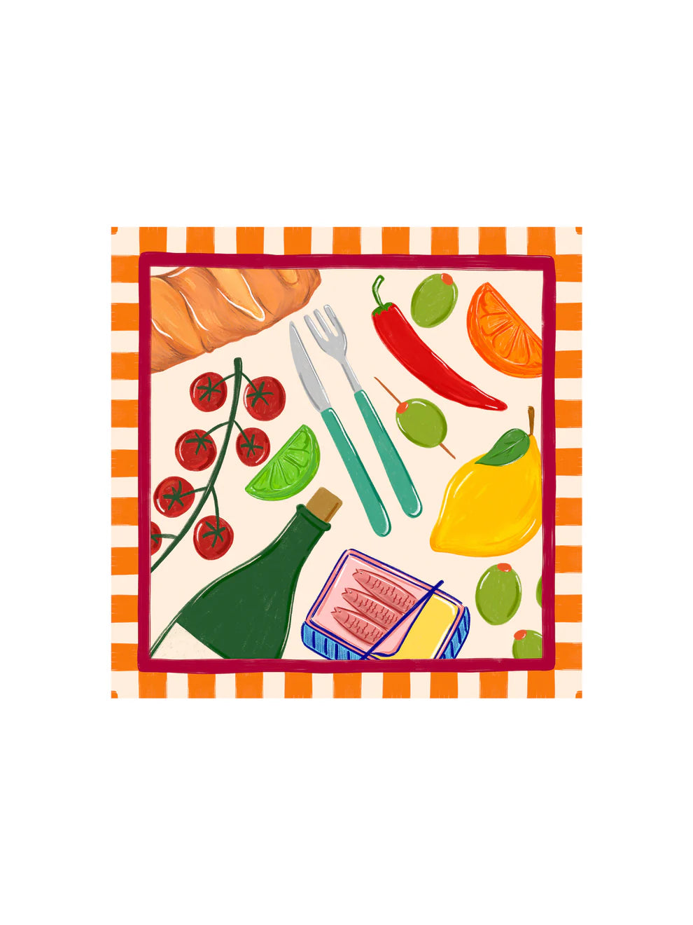  Hand-drawn summer napkins with illustrated food and drink motifs on an orange checkered border, 100% cotton, made in the UK