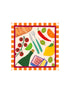  Hand-drawn summer napkins with illustrated food and drink motifs on an orange checkered border, 100% cotton, made in the UK