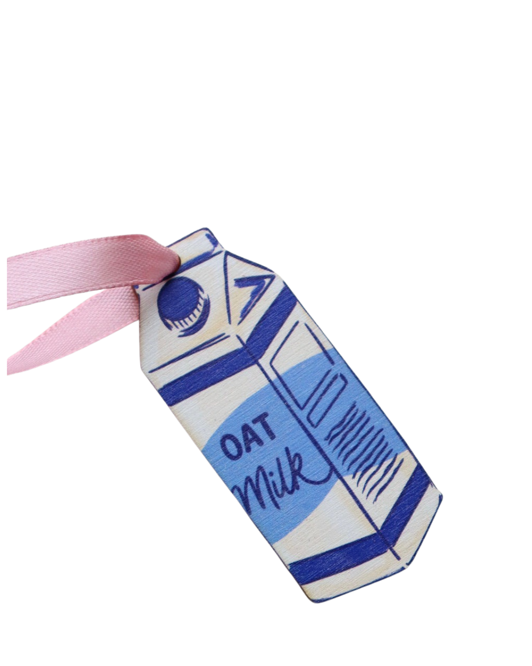 Retro oat milk wooden Christmas decoration with pink or red ribbon, eco-friendly vegan gift for sustainable Christmas tree décor.
