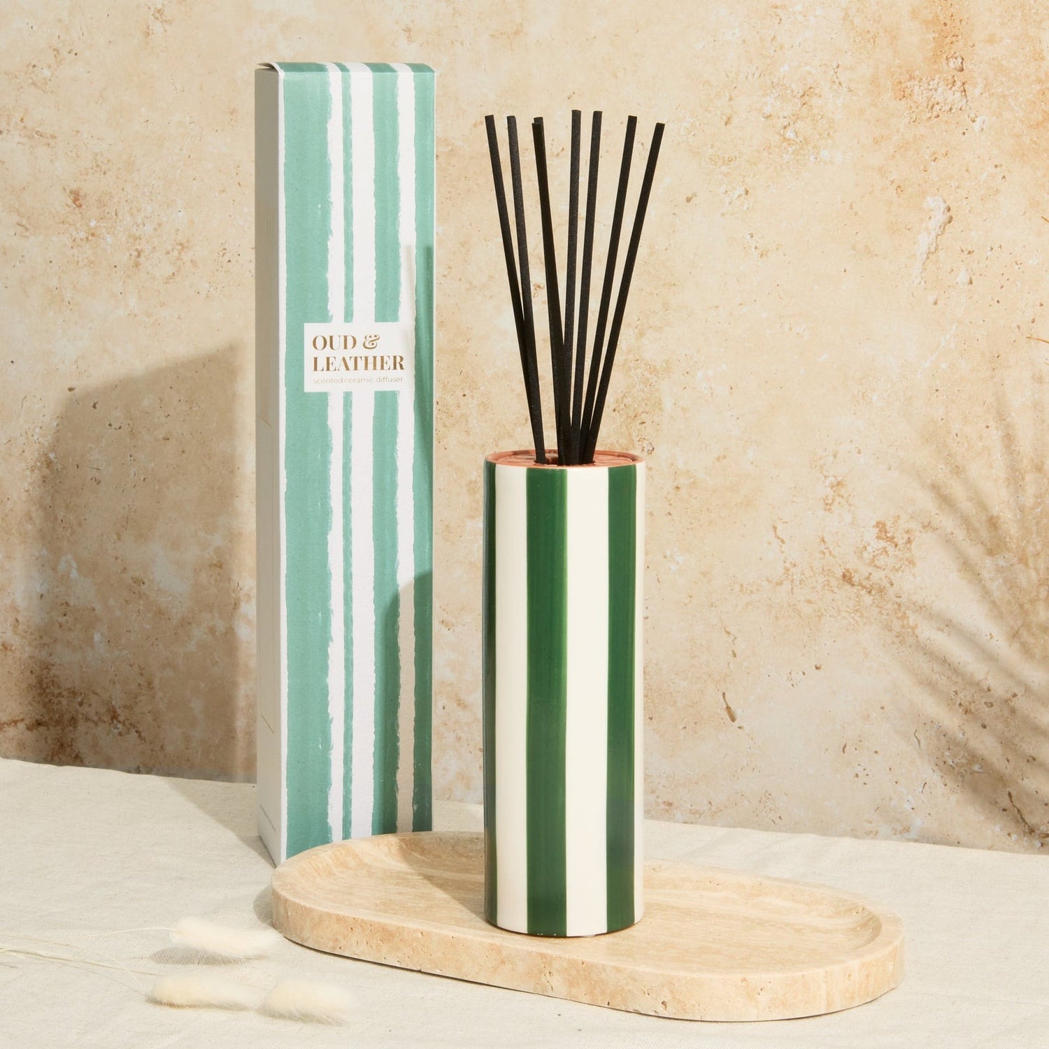 Olive Stripe Diffuser in ceramic vessel with matching lid and oud leather fragrance