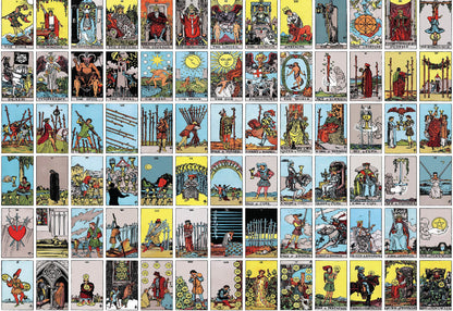 Grid of tarot cards with various designs and illustrations.