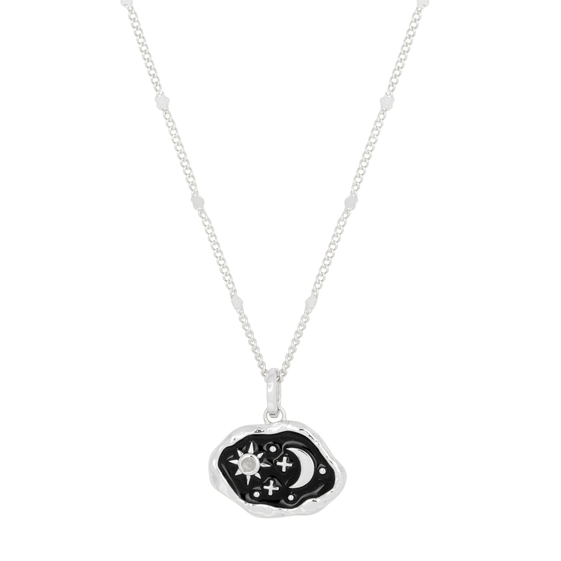 Midnight Scene Rose Quartz &amp; Black Enamel Silver Necklace