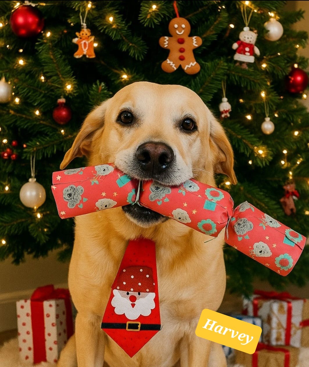 Dog wearing a red tie and holding a Christmas Cracker  with a Christmas tree and decorations in the background