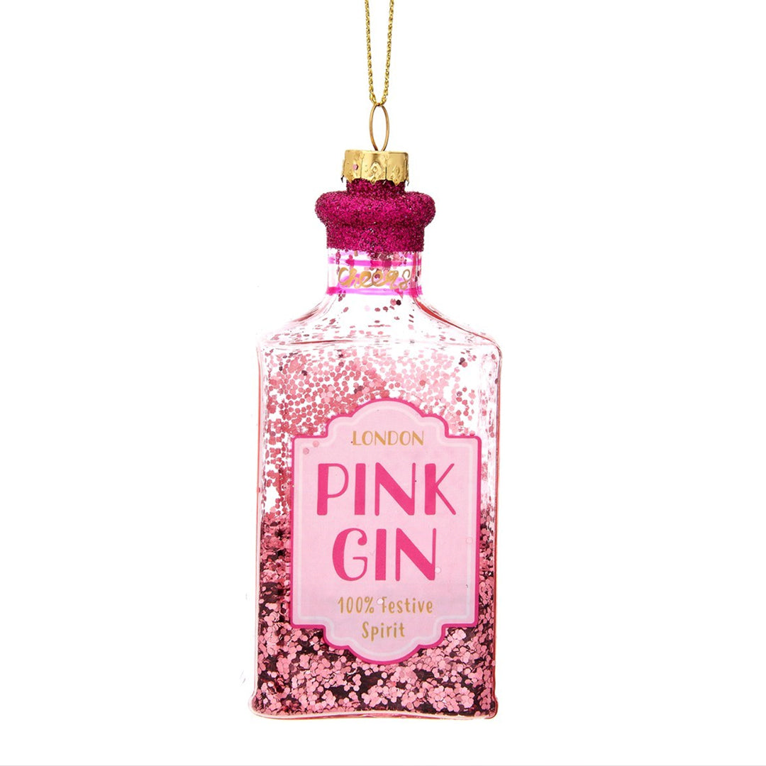 Pink Gin Bottle Christmas Bauble, glittery hand-painted glass ornament, festive tree decoration, Secret Santa gift