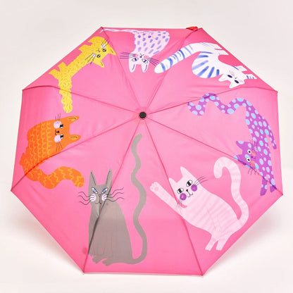 Compact eco-friendly umbrella with colourful cat illustrations