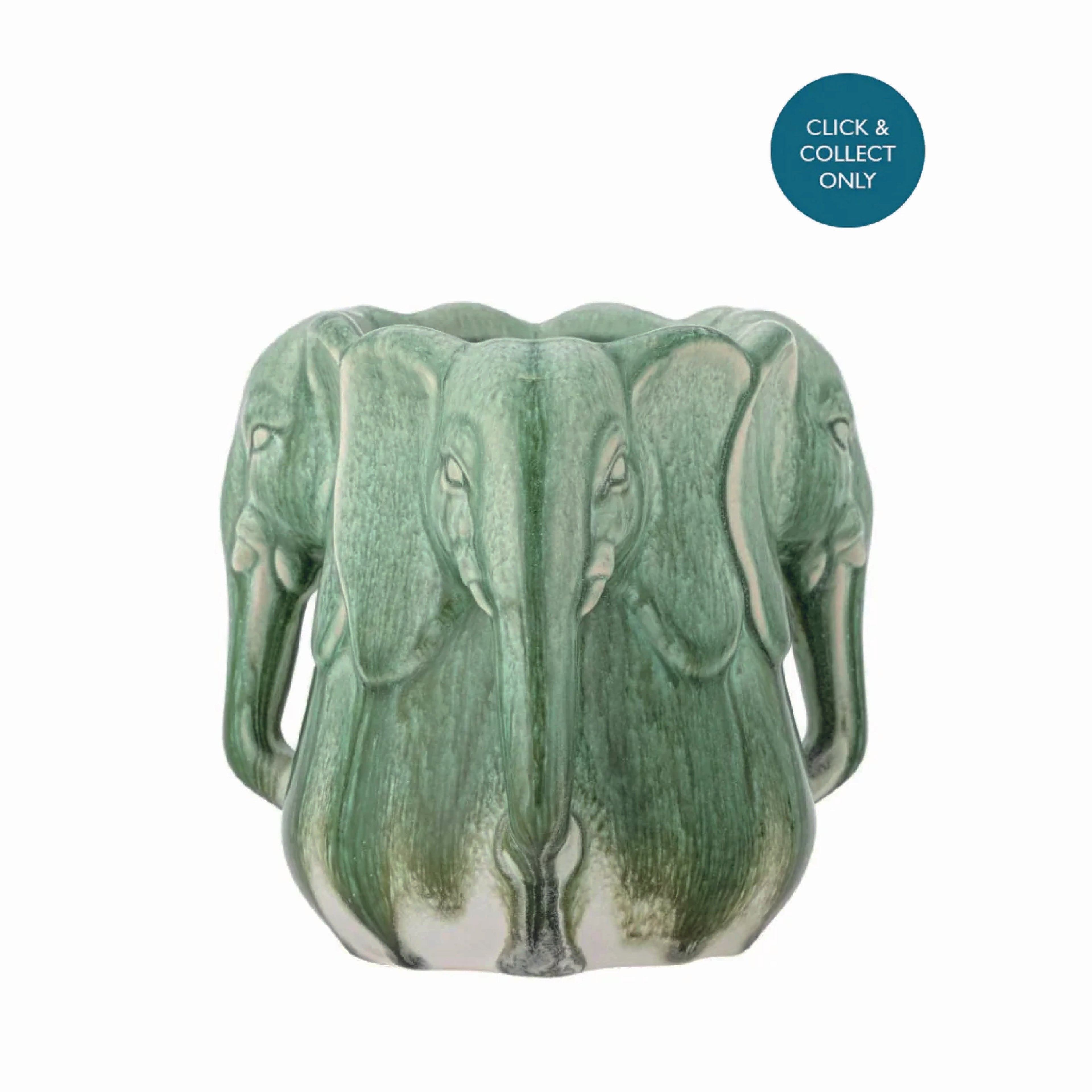 side view od the Handcrafted stoneware vase with sculptural elephant heads and green glaze