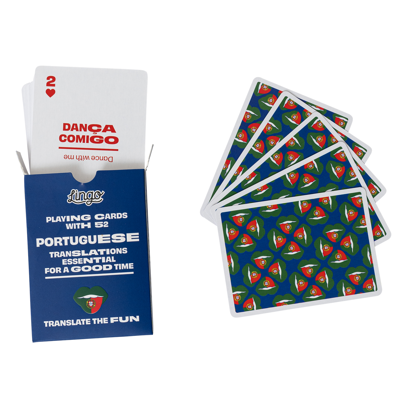 Playing cards with Portuguese words and English translations on a white background