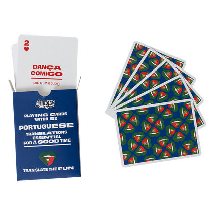 Playing cards with Portuguese words and English translations on a white background