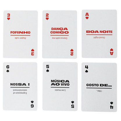 Six playing cards with Spanish phrases and English translation  on a white background