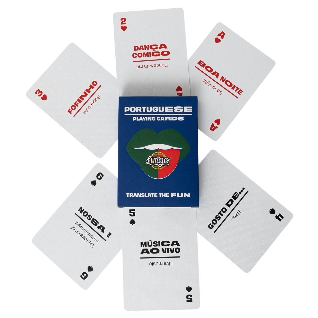 Portuguese playing cards with a deck box in the center on a white background