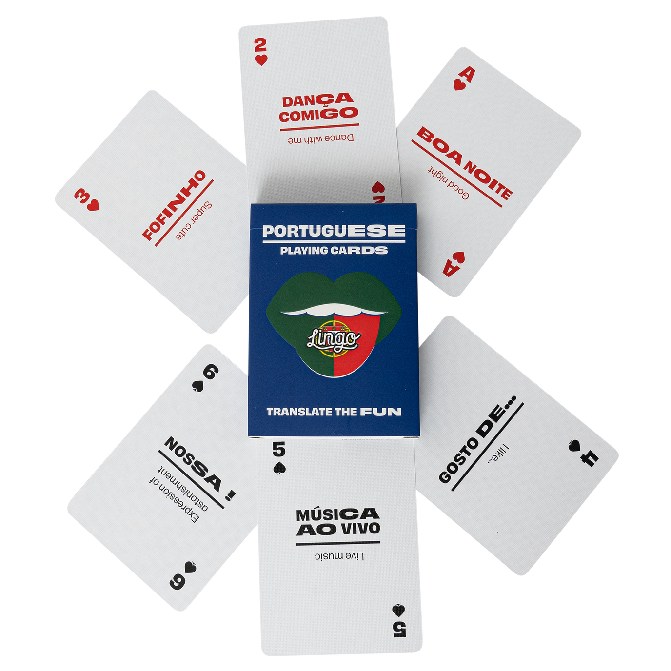 Portuguese playing cards with a deck box in the center on a white background