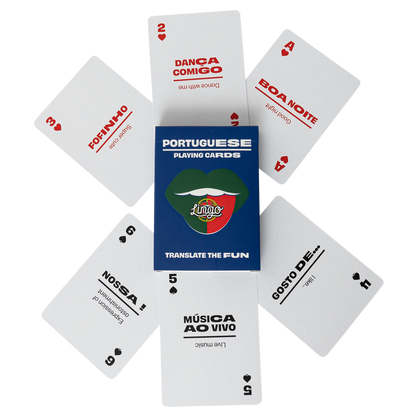 Portuguese playing cards with a deck box in the center on a white background