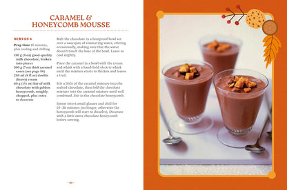 Caramel and honeycomb mousse recipe with dessert presentation on an orange border